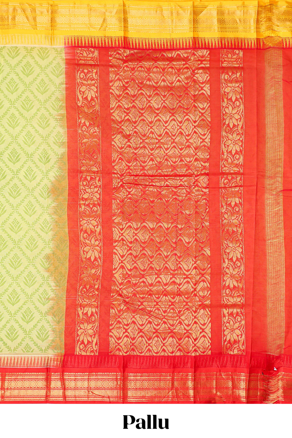 Green geometric floral design chirala cotton saree with contrast border and zari design pallu