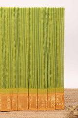 Green striped unique design chirala cotton saree with contrast border and zari design pallu