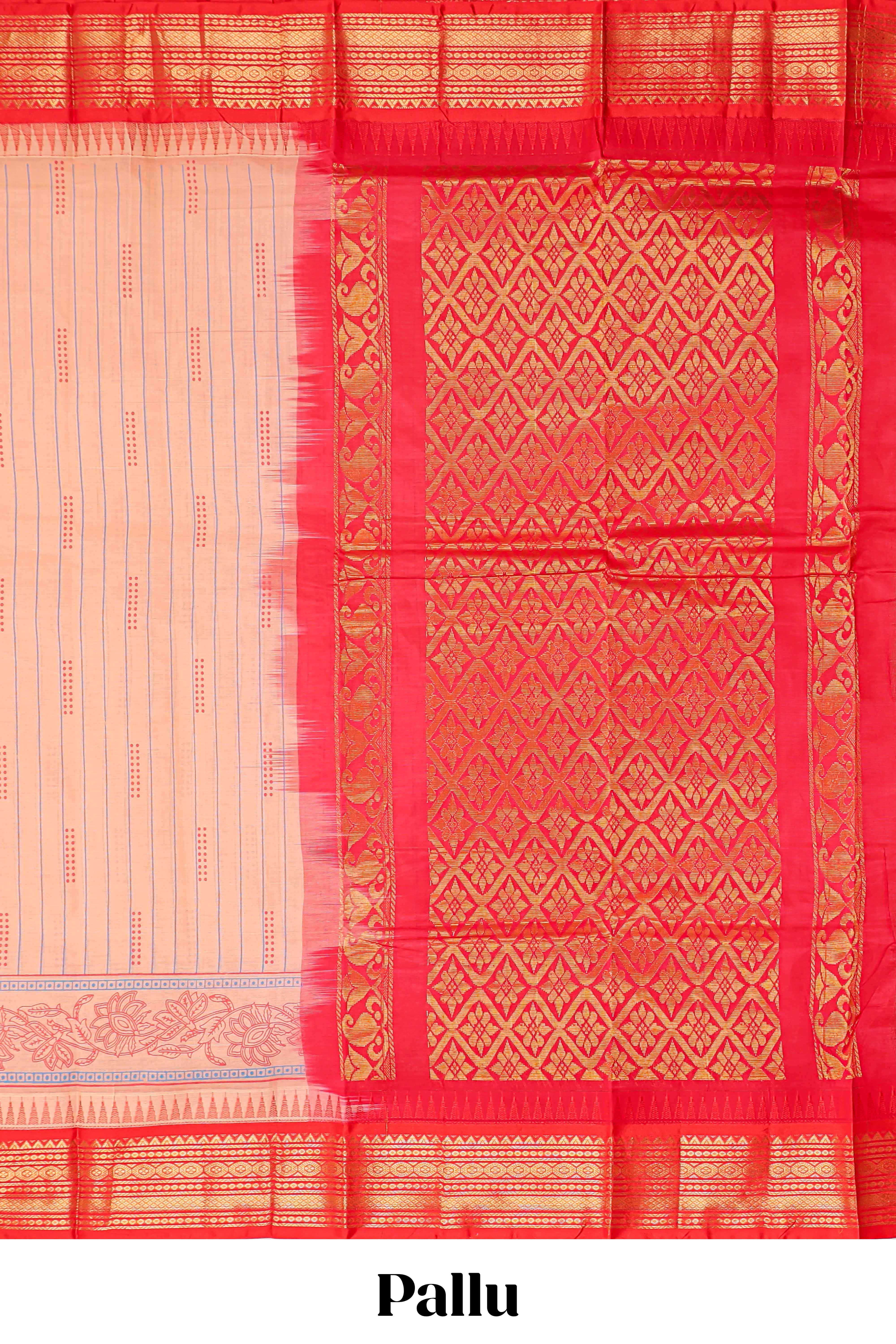 Peach striped bottom floral design chirala cotton saree with contrast border and zari design pallu