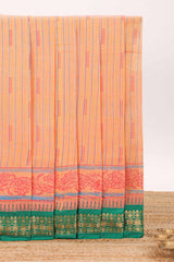 Orange striped bottom floral design chirala cotton saree with contrast border and zari design pallu