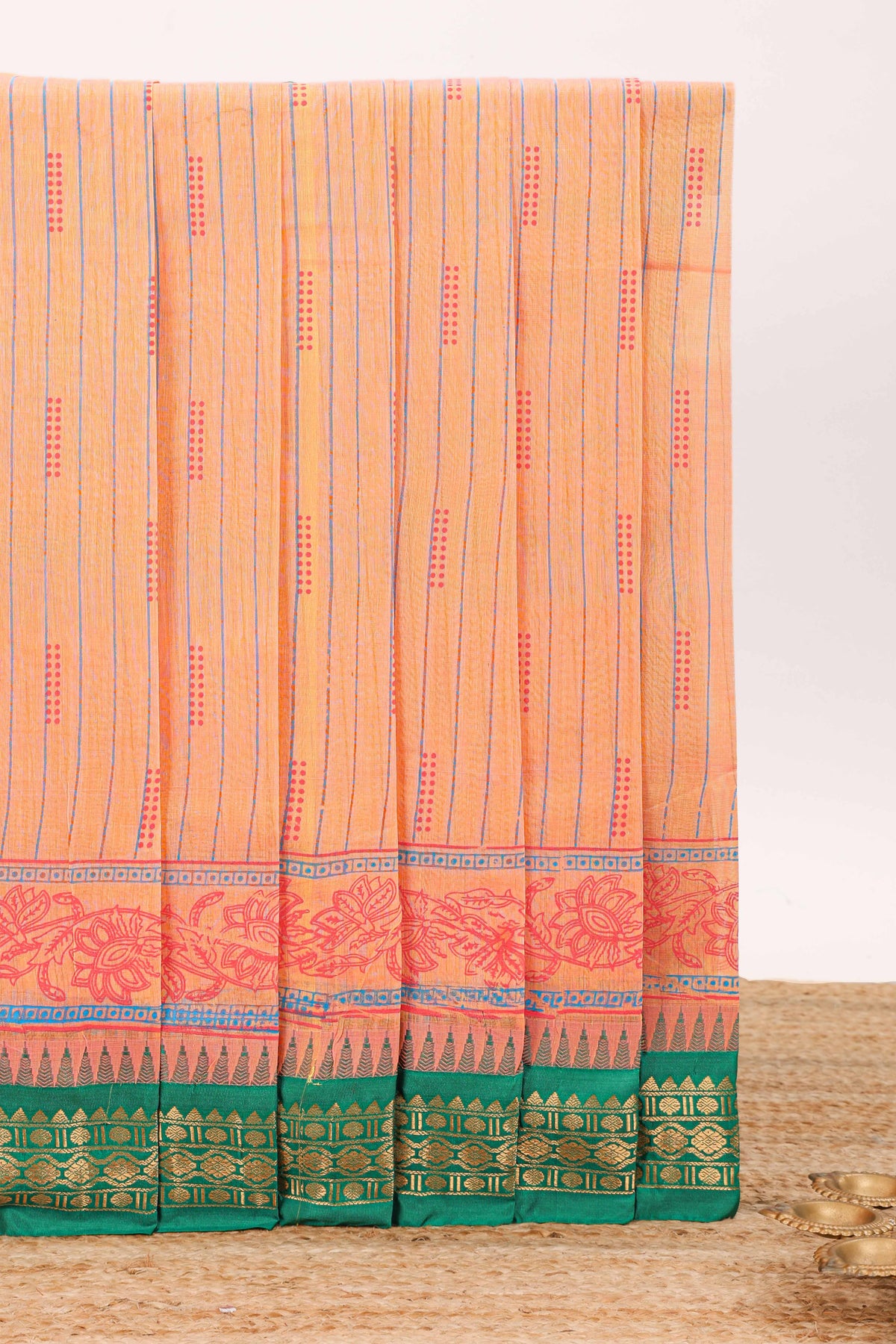 Orange striped bottom floral design chirala cotton saree with contrast border and zari design pallu