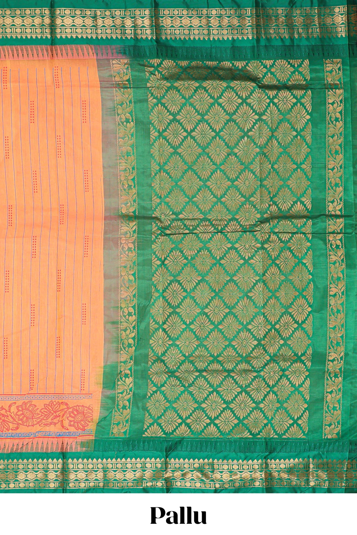 Orange striped bottom floral design chirala cotton saree with contrast border and zari design pallu