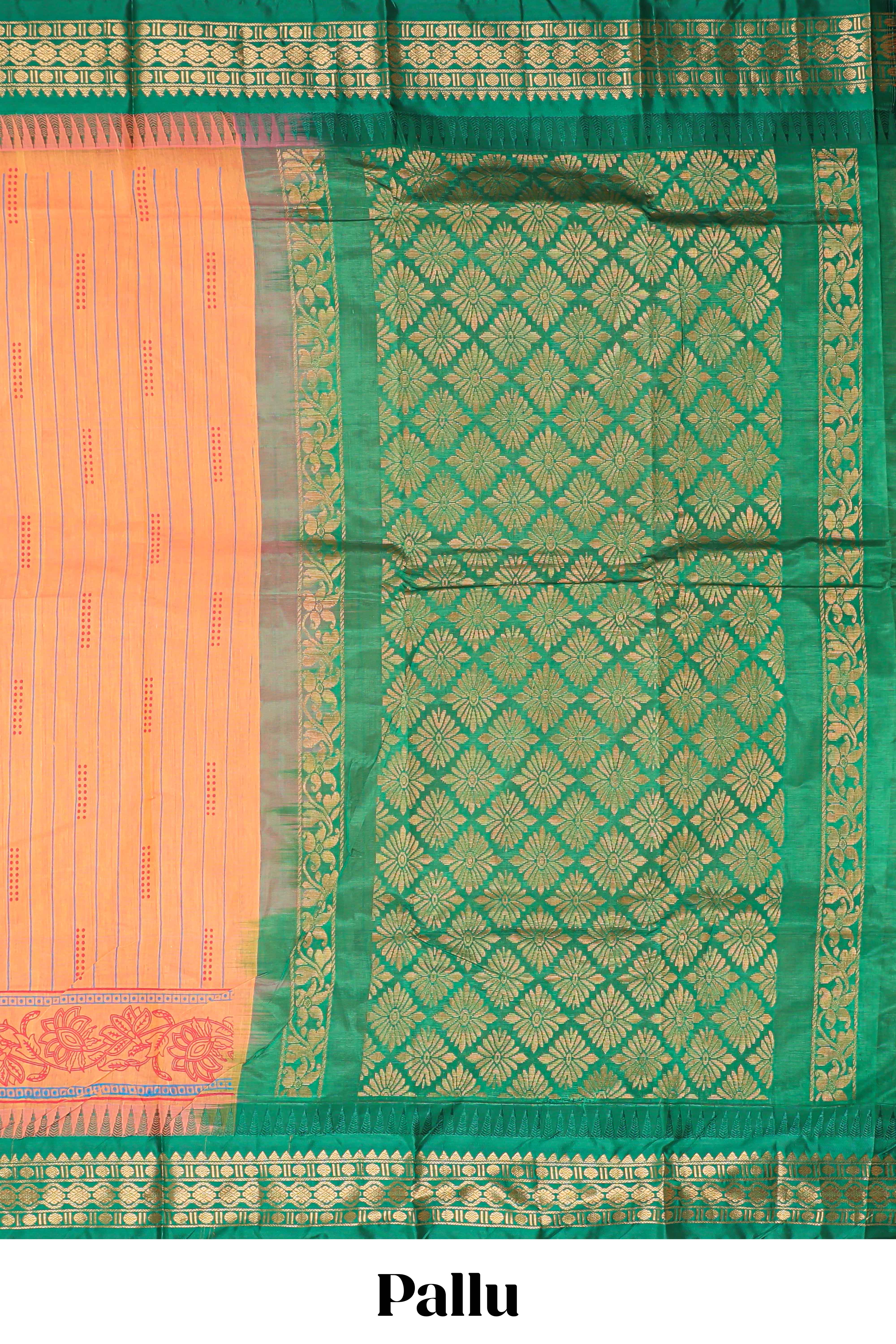 Orange striped bottom floral design chirala cotton saree with contrast border and zari design pallu
