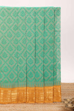 Jungle green geometric floral design chirala cotton saree with contrast border and zari design pallu