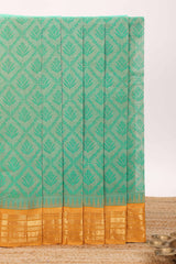 Jungle green geometric floral design chirala cotton saree with contrast border and zari design pallu