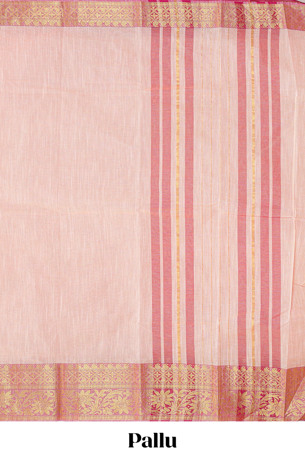 Pale peach plain design chirala cotton saree with contrast border and striped design pallu