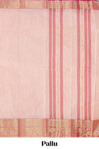 Pale peach plain design chirala cotton saree with contrast border and striped design pallu