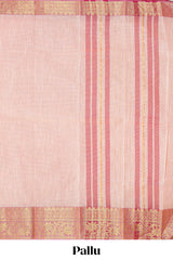 Pale peach plain design chirala cotton saree with contrast border and striped design pallu