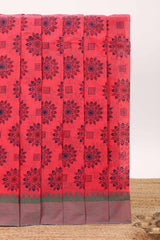 Coral red mandela print chirala cotton saree with contrast border and blouse