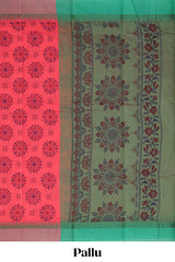 Coral red mandela print chirala cotton saree with contrast border and blouse