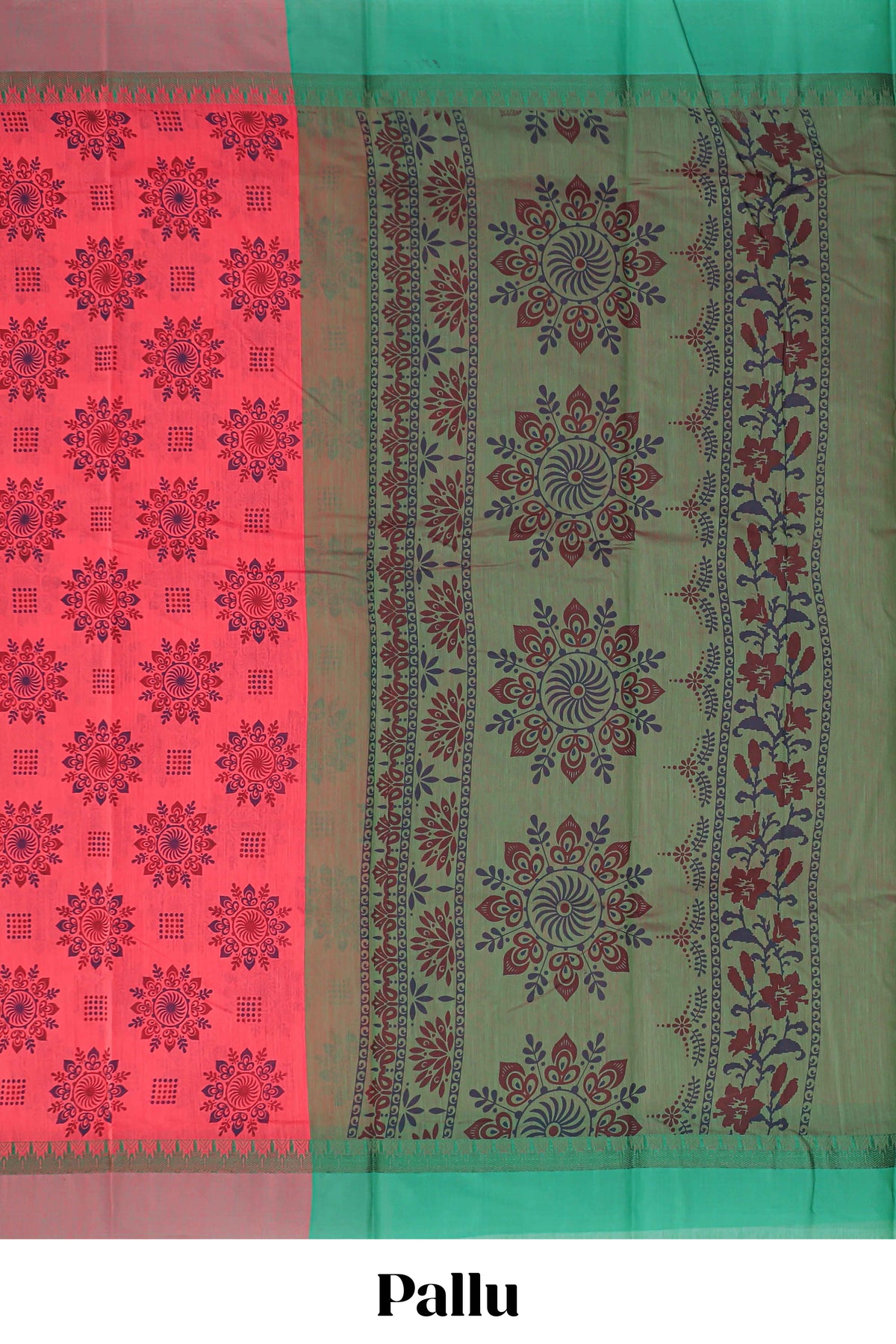 Coral red mandela print chirala cotton saree with contrast border and blouse