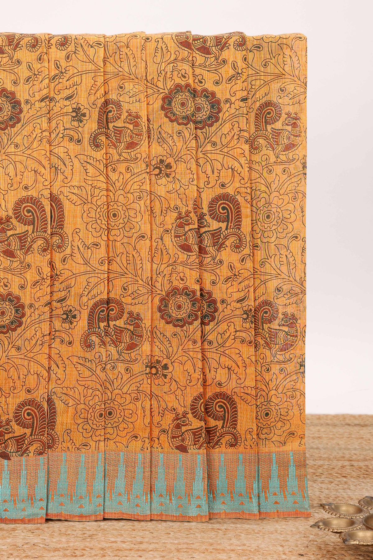 Mustard floral design chirala cotton saree with contrast border and blouse