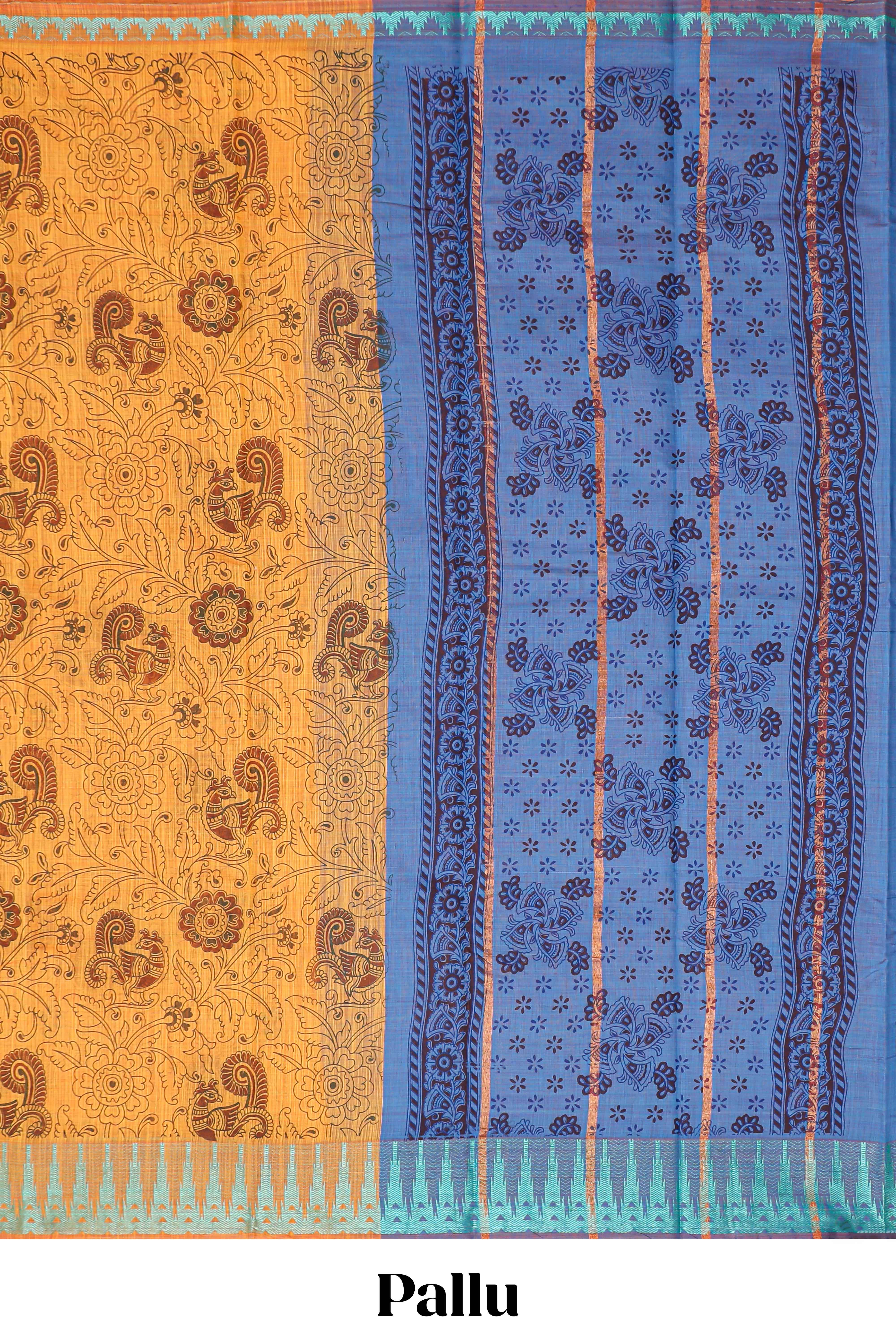 Mustard floral design chirala cotton saree with contrast border and blouse