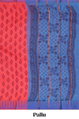 Coral red butta designed chirala cotton saree with self border and contrast blouse