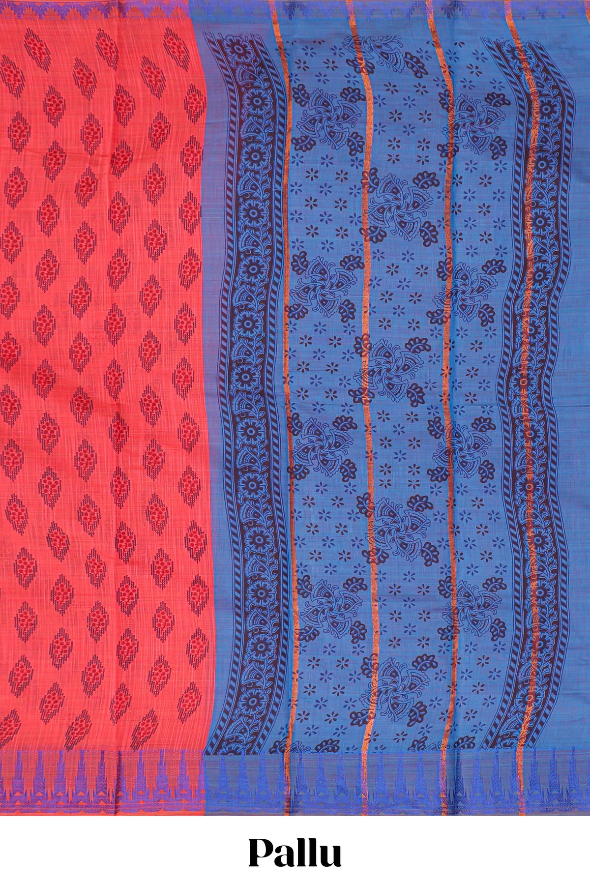 Coral red butta designed chirala cotton saree with self border and contrast blouse