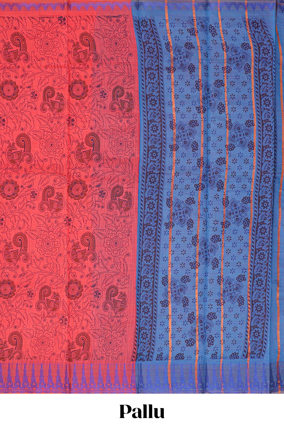 Red floral designed chirala cotton saree with self border and contrast blouse