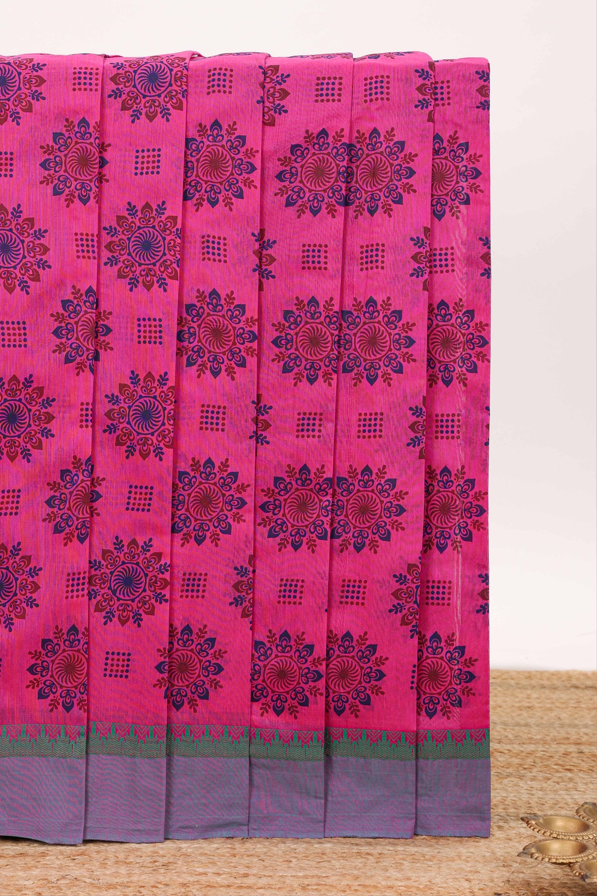 Pink mandala print chirala cotton saree with contrast border and blouse