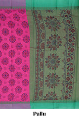 Pink mandala print chirala cotton saree with contrast border and blouse