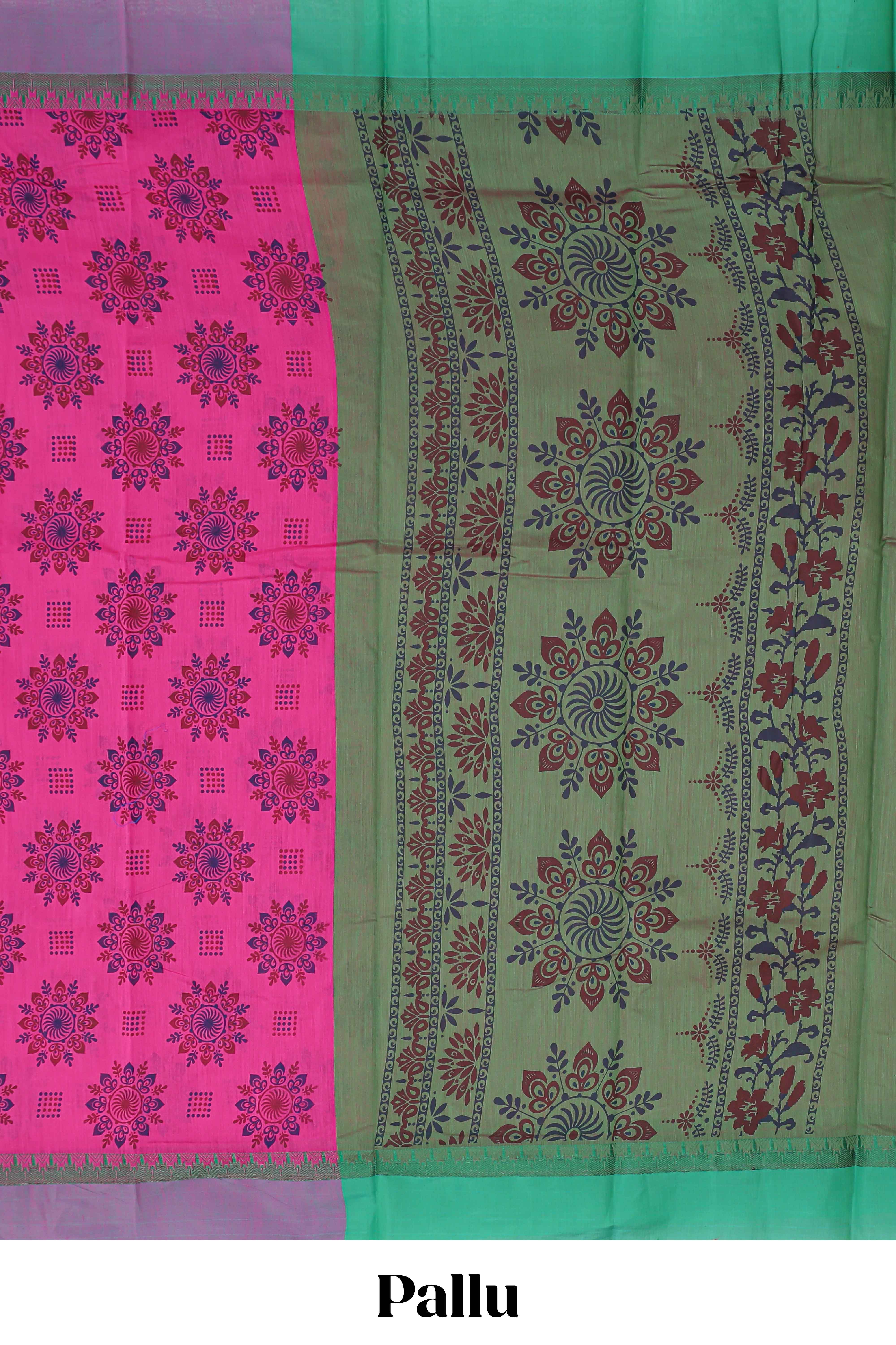 Pink mandala print chirala cotton saree with contrast border and blouse