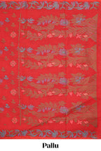 Red floral motifs design chirala cotton saree with self border and floral vine design pallu