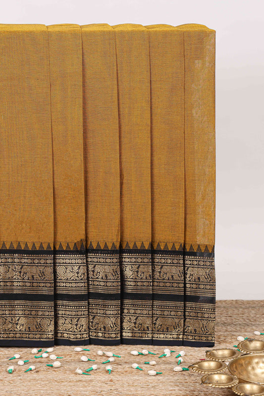 Mustard plain chettinad cotton saree with contrast zari bentex border and striped pallu