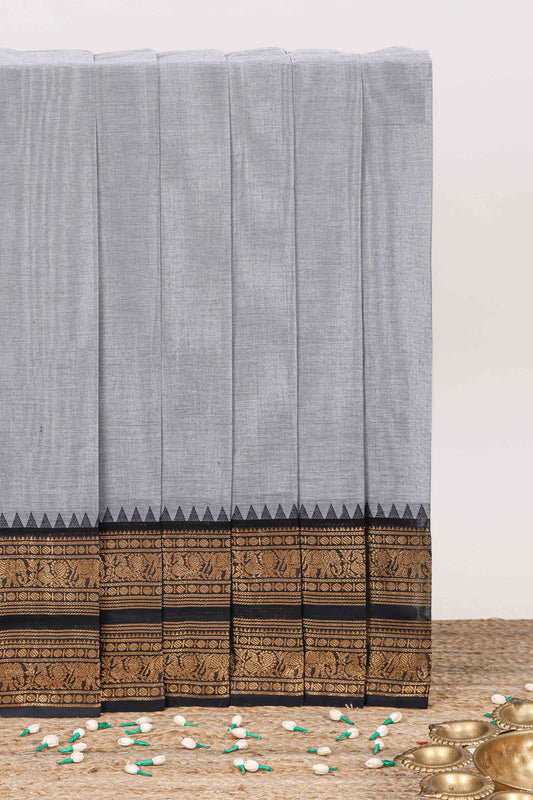 Hash grey plain chettinad cotton saree with contrast zari bentex border and striped pallu