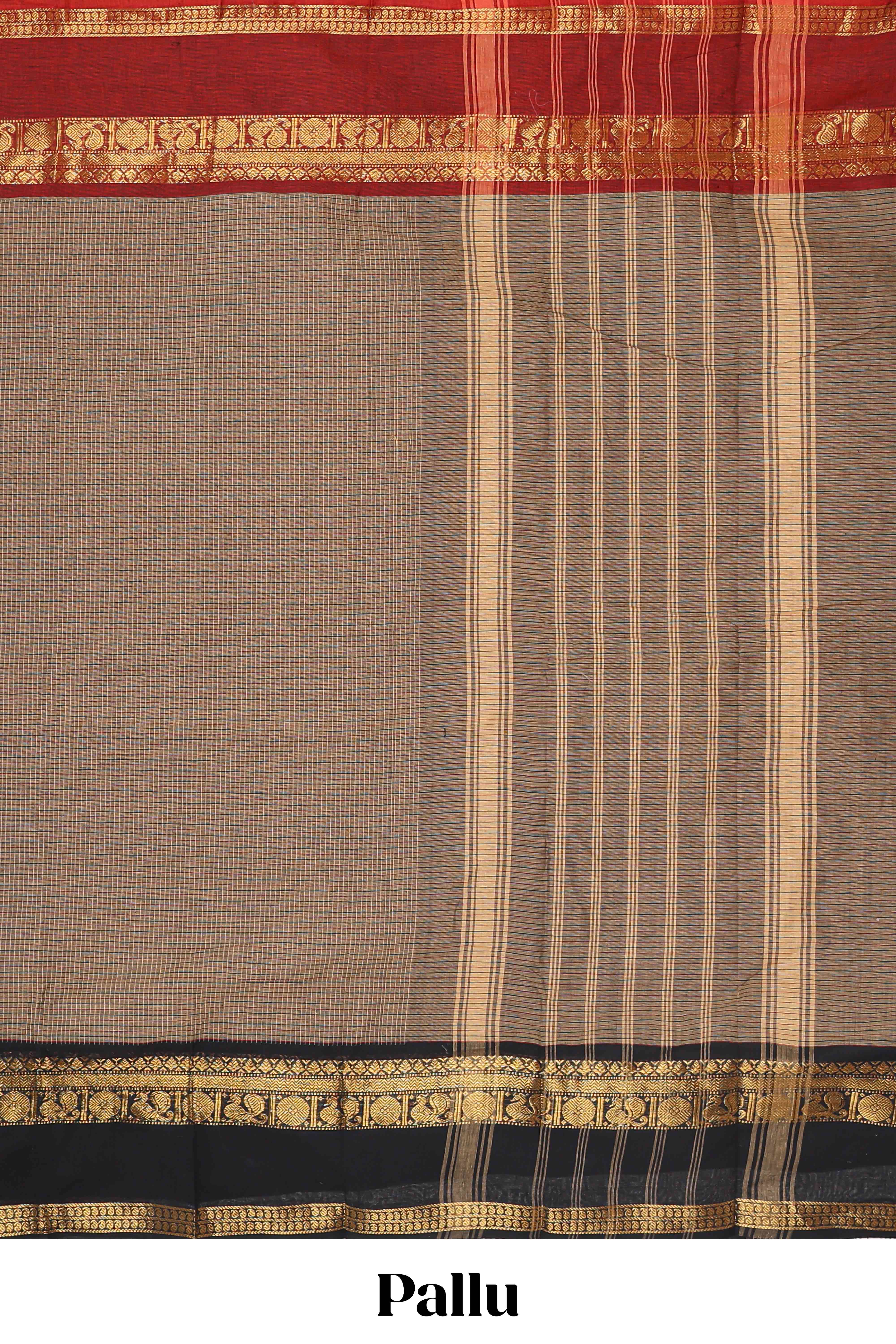 Brown small checked chettinad cotton saree with contrast zari bentex border and striped pallu