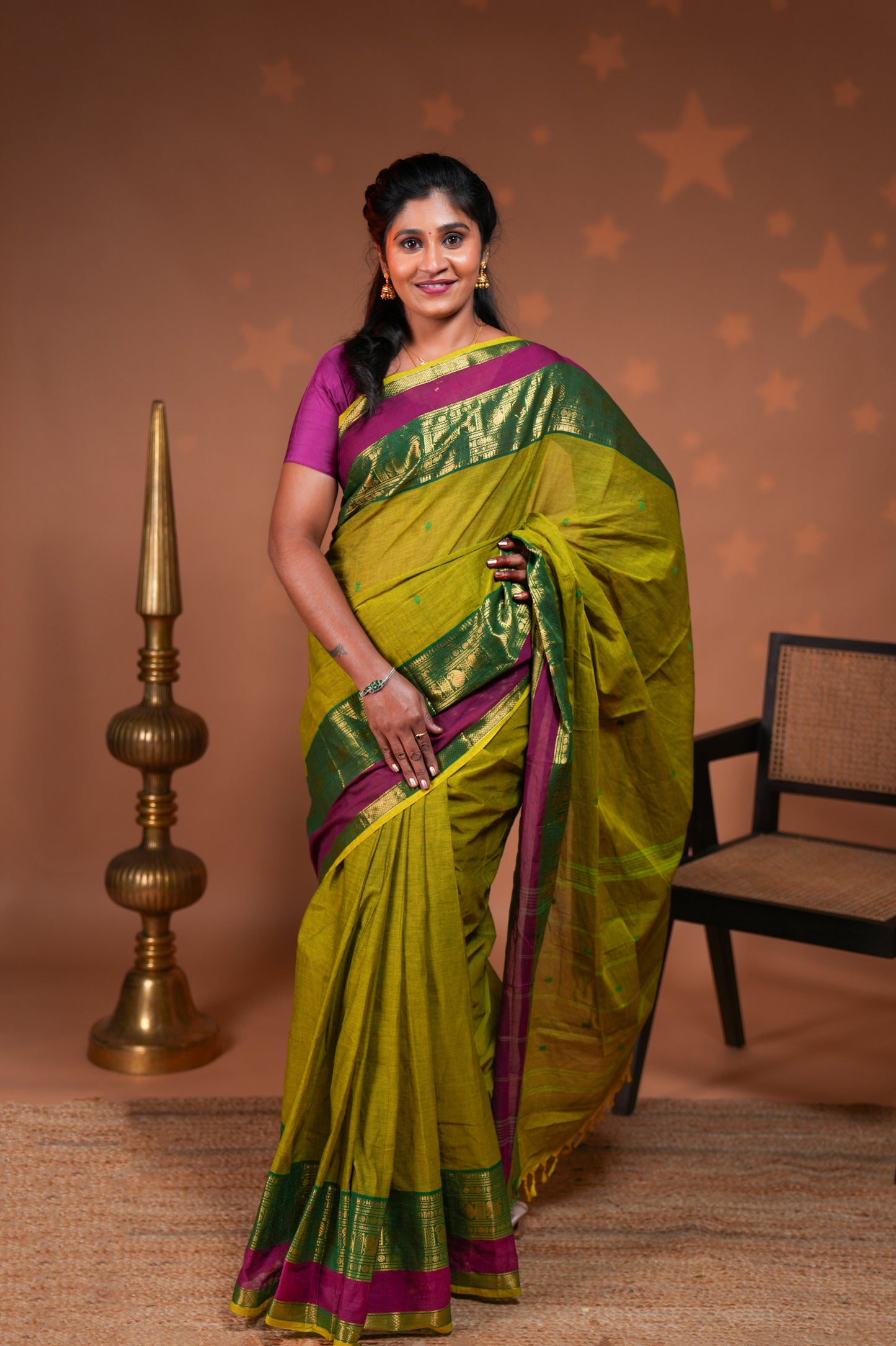 Green butta chettinad cotton saree with contrast zari border and stripe pallu