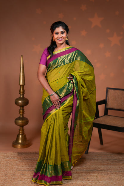 Green butta chettinad cotton saree with contrast zari border and stripe pallu