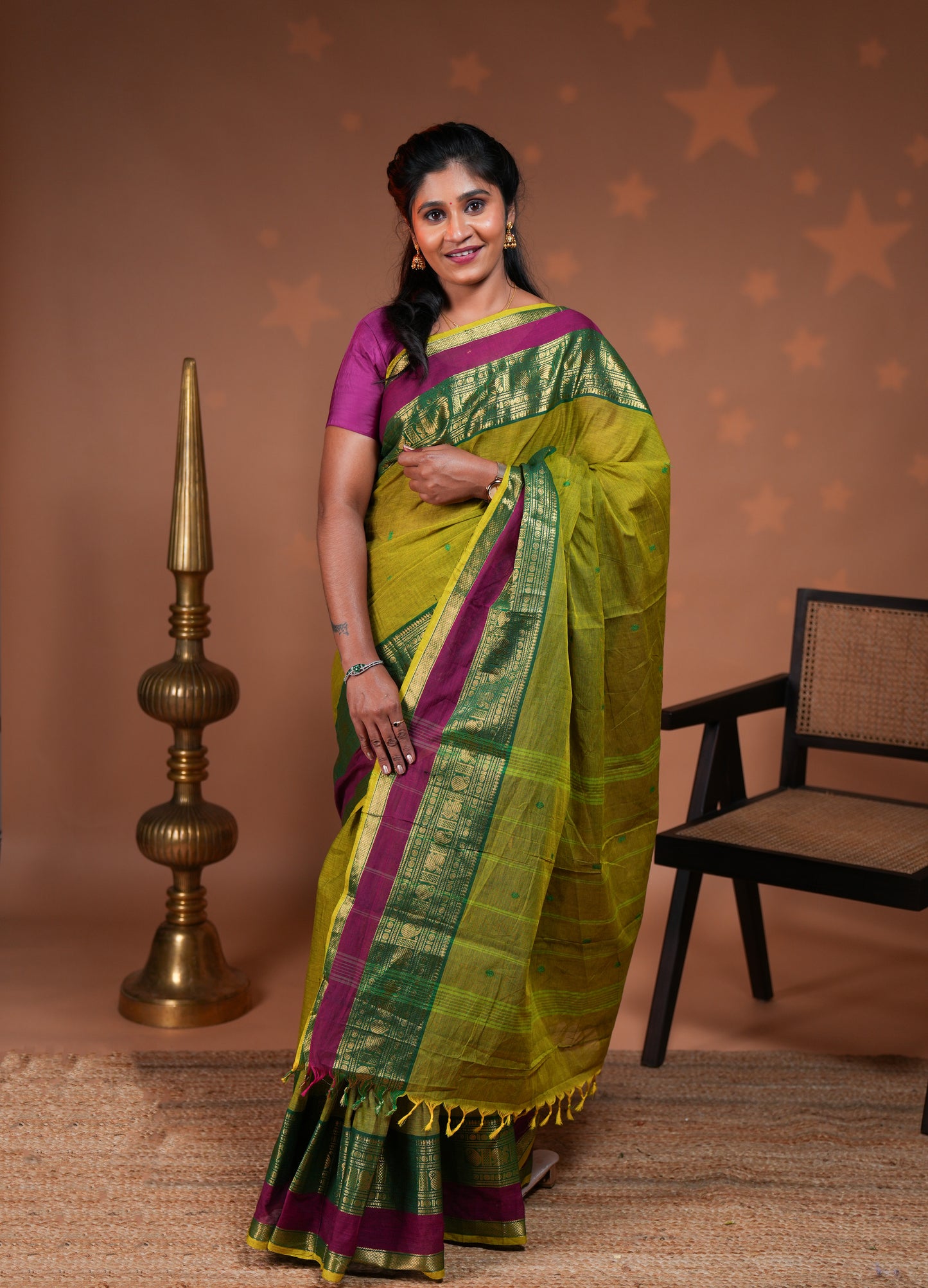 Green butta chettinad cotton saree with contrast zari border and stripe pallu