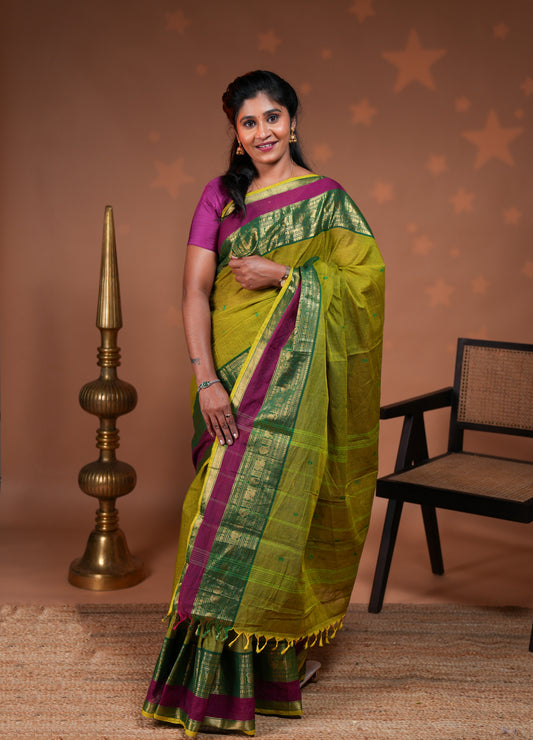 Green butta chettinad cotton saree with contrast zari border and stripe pallu