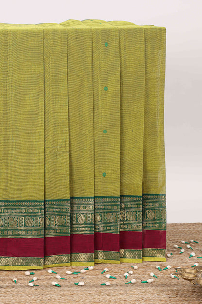 Green butta chettinad cotton saree with contrast zari border and stripe pallu