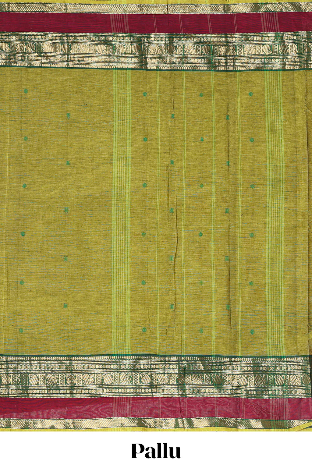 Green butta chettinad cotton saree with contrast zari border and stripe pallu