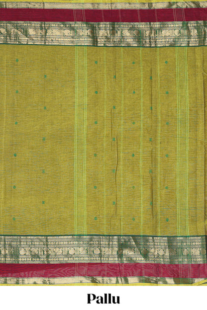 Green butta chettinad cotton saree with contrast zari border and stripe pallu