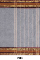Grey plain chettinad cotton saree with contrast zari border and stripe pallu
