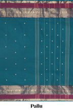 Peacock green plain chettinad cotton saree with contrast zari border and stripe pallu