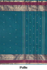 Peacock green plain chettinad cotton saree with contrast zari border and stripe pallu