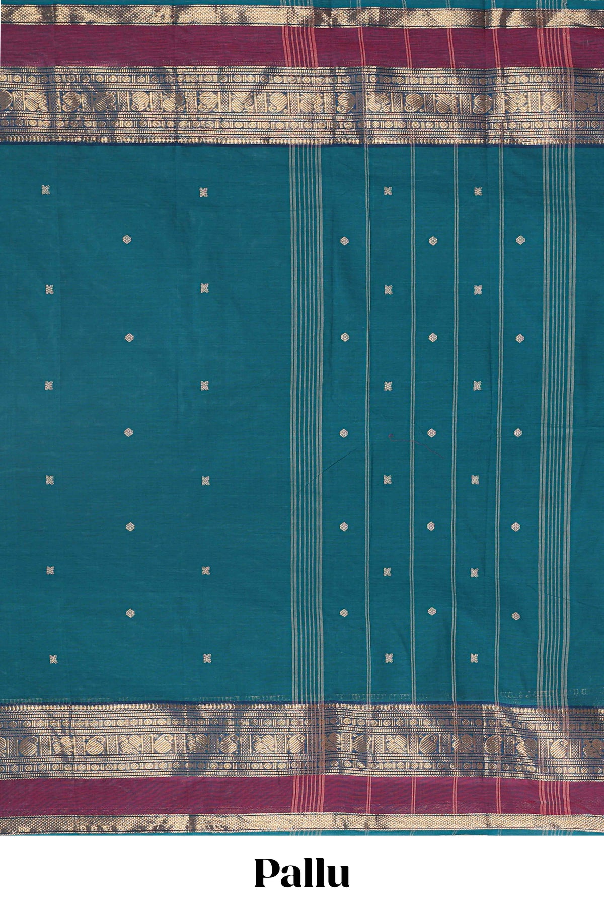 Peacock green plain chettinad cotton saree with contrast zari border and stripe pallu