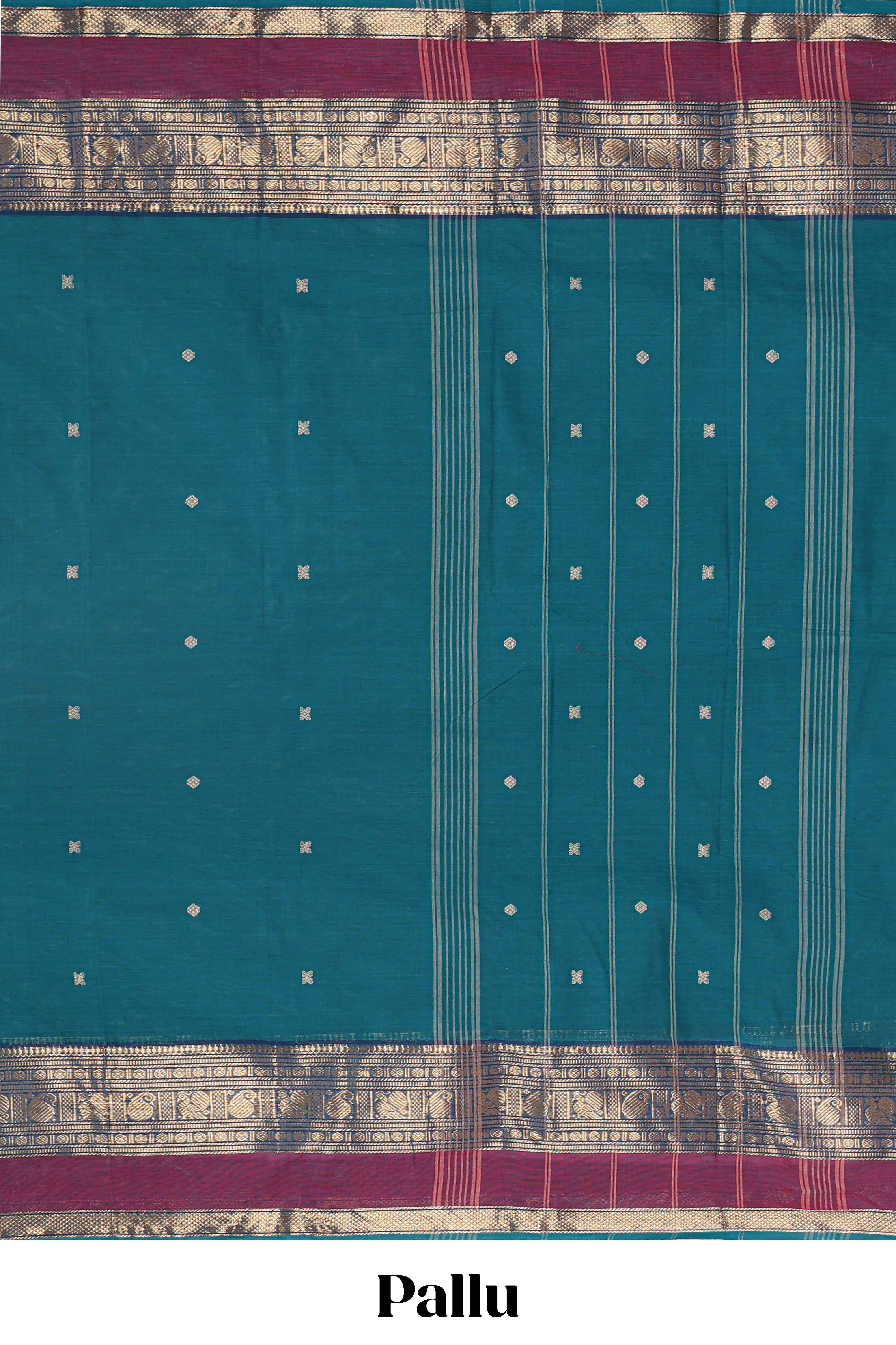 Peacock green plain chettinad cotton saree with contrast zari border and stripe pallu