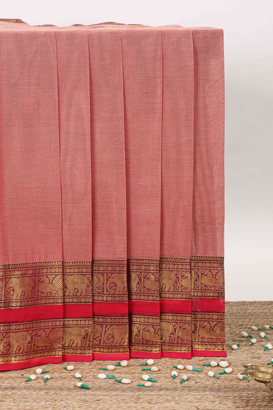 Pink plain chettinad cotton saree with contrast zari border and stripe pallu