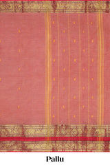 Pink plain chettinad cotton saree with contrast zari border and stripe pallu