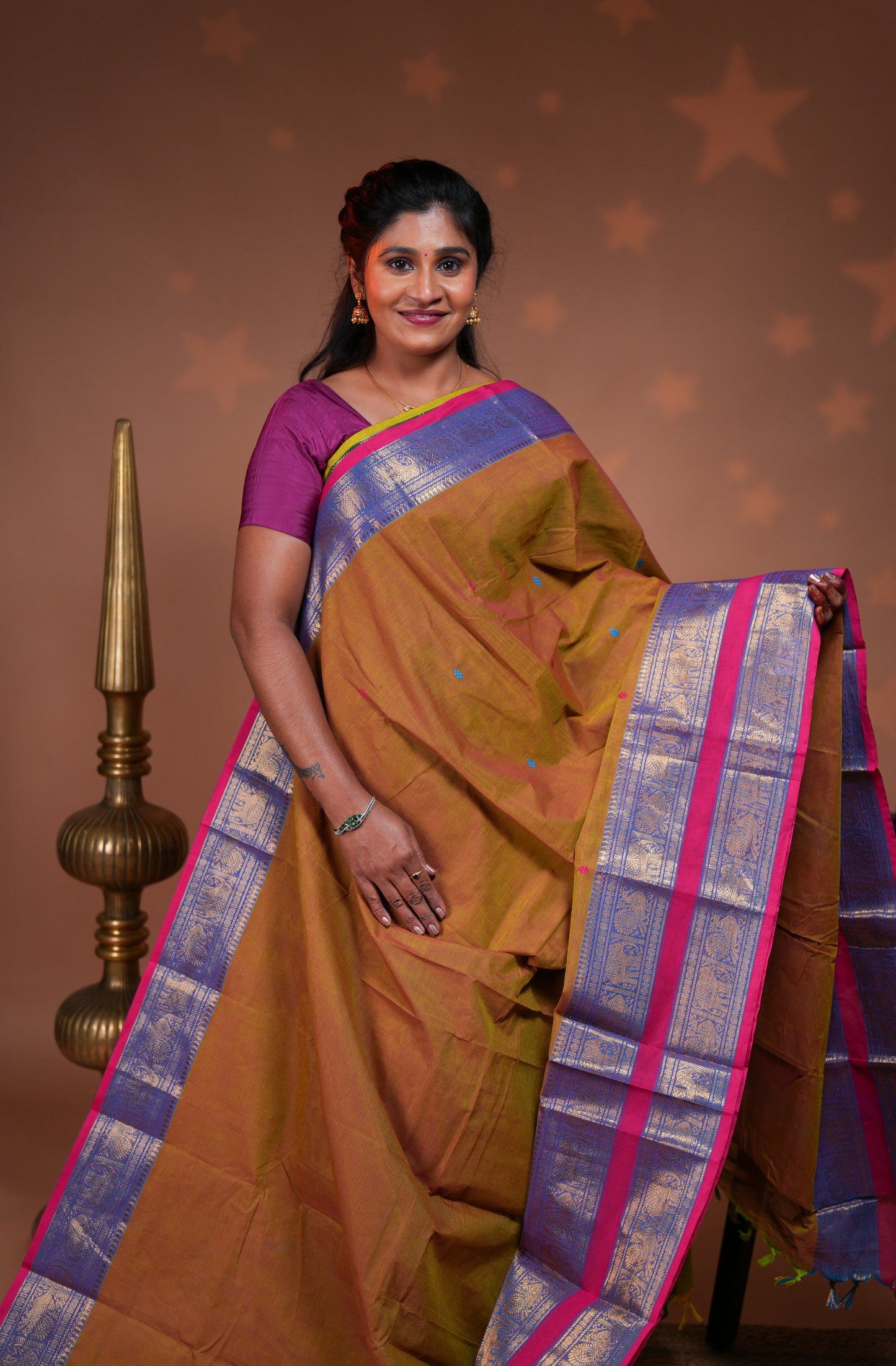 Mustard plain chettinad cotton saree with contrast bentex zari border and floral motifs pallu