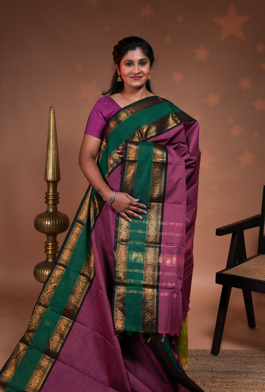 Dust pink plain chettinad cotton saree with contrast bentex zari border and striped pallu