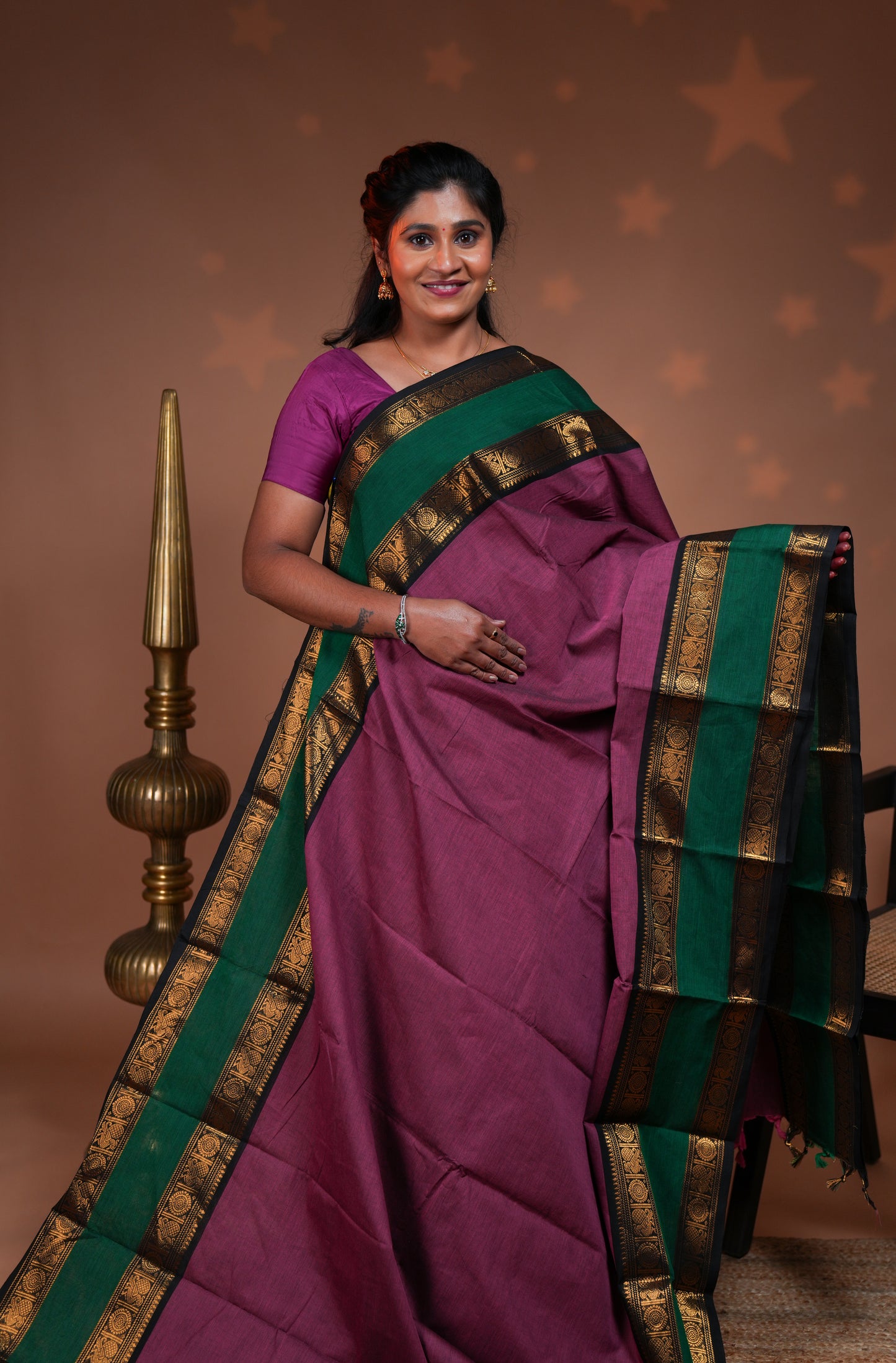 Dust pink plain chettinad cotton saree with contrast bentex zari border and striped pallu