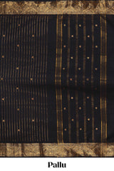 Black striped zari butta chettinad cotton saree with self zari border and matching pallu