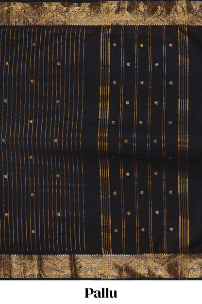 Black striped zari butta chettinad cotton saree with self zari border and matching pallu