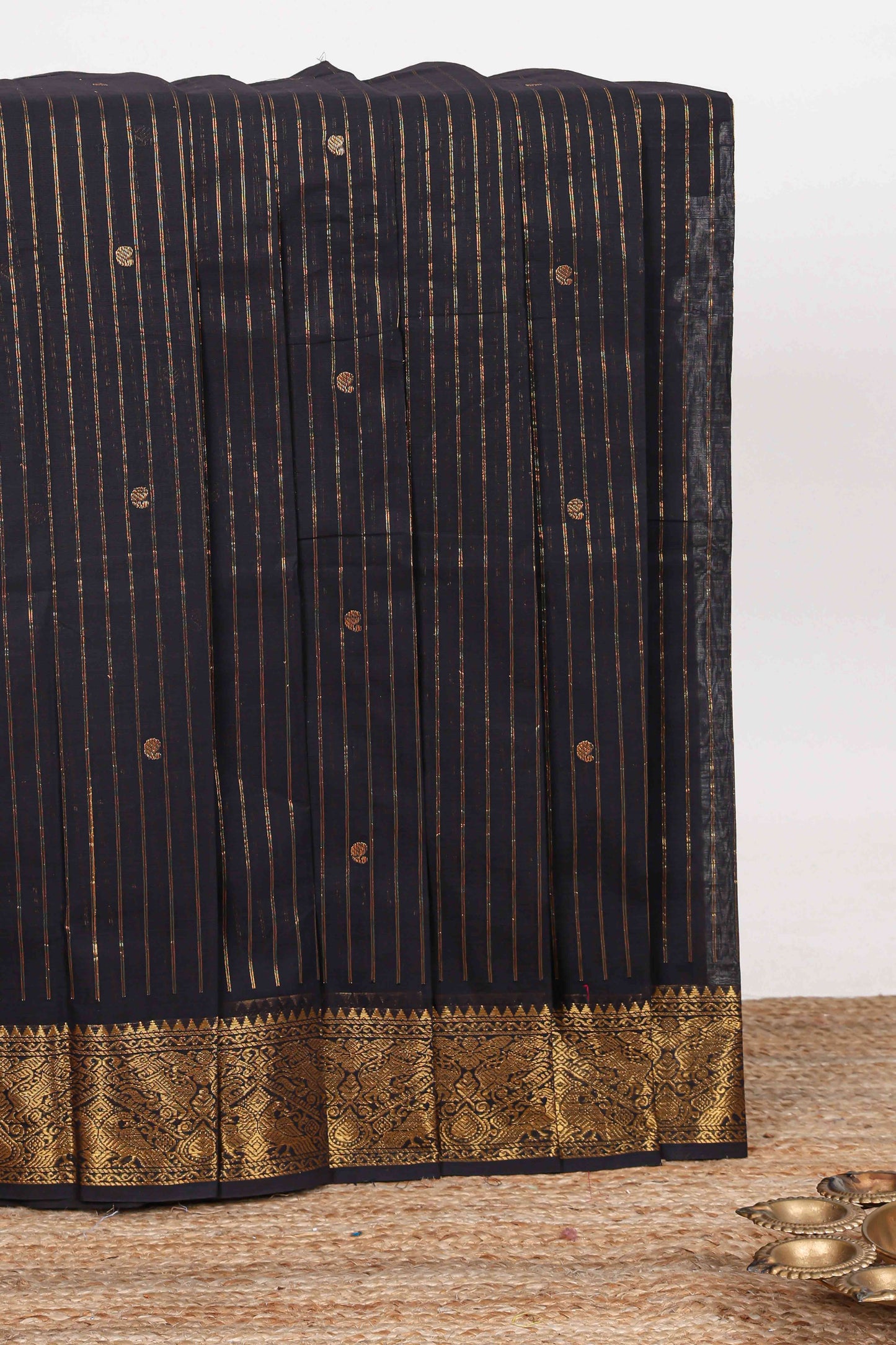 Black striped zari butta chettinad cotton saree with self zari border and matching pallu