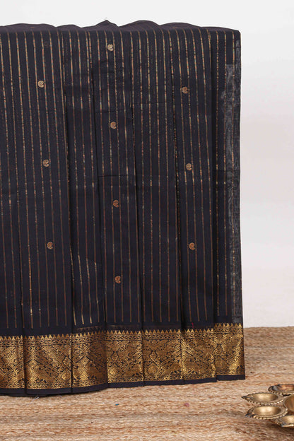 Black striped zari butta chettinad cotton saree with self zari border and matching pallu
