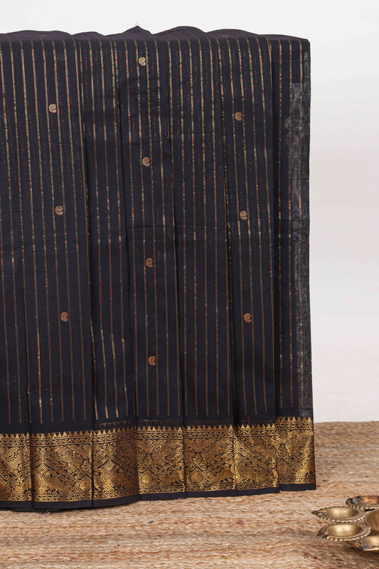 Black striped zari butta chettinad cotton saree with self zari border and matching pallu
