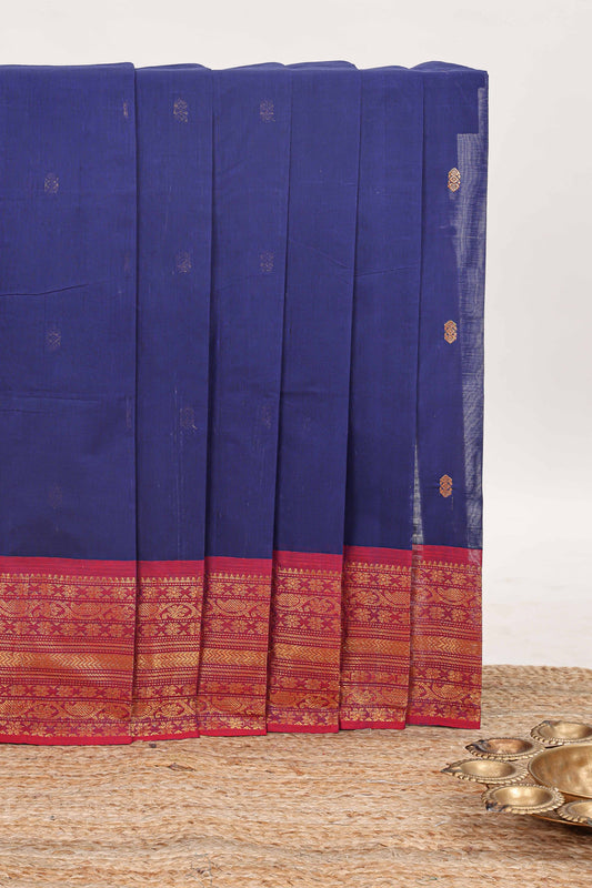 Blue zari butta chettinad cotton saree with contrast zari border and matching pallu